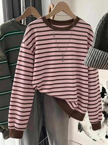 Comfylo 粉棕條紋休閒極簡大尺碼女款長袖運動衫 - 彩色 - 查看 3