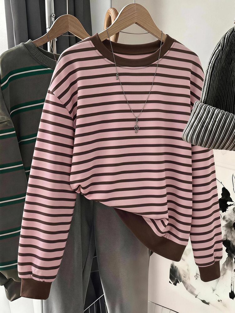 Comfylo Pink Brown Striped Casual Minimalist Plus Size Women Long Sleeve Sweatshirt - Multicolor - View 3