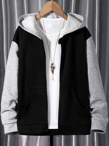 SHEIN Tween Boys Colorblock Zip Up Hoodie Jacket Loose Fit Casual Pocket Sporty Sweatshirt Fall Winter Outerwear Outfit - Black - View 3