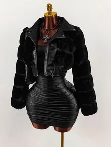 Bumpella 女式纯色简约长袖人造毛皮夹克，日常穿着 - 黑色 - 查看 11