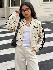 女童白色波點短版印花棒球夾克，休閒學院風街頭時尚運動外套，四季皆宜，薄款秋季校園服飾 - 米色 - 查看 3