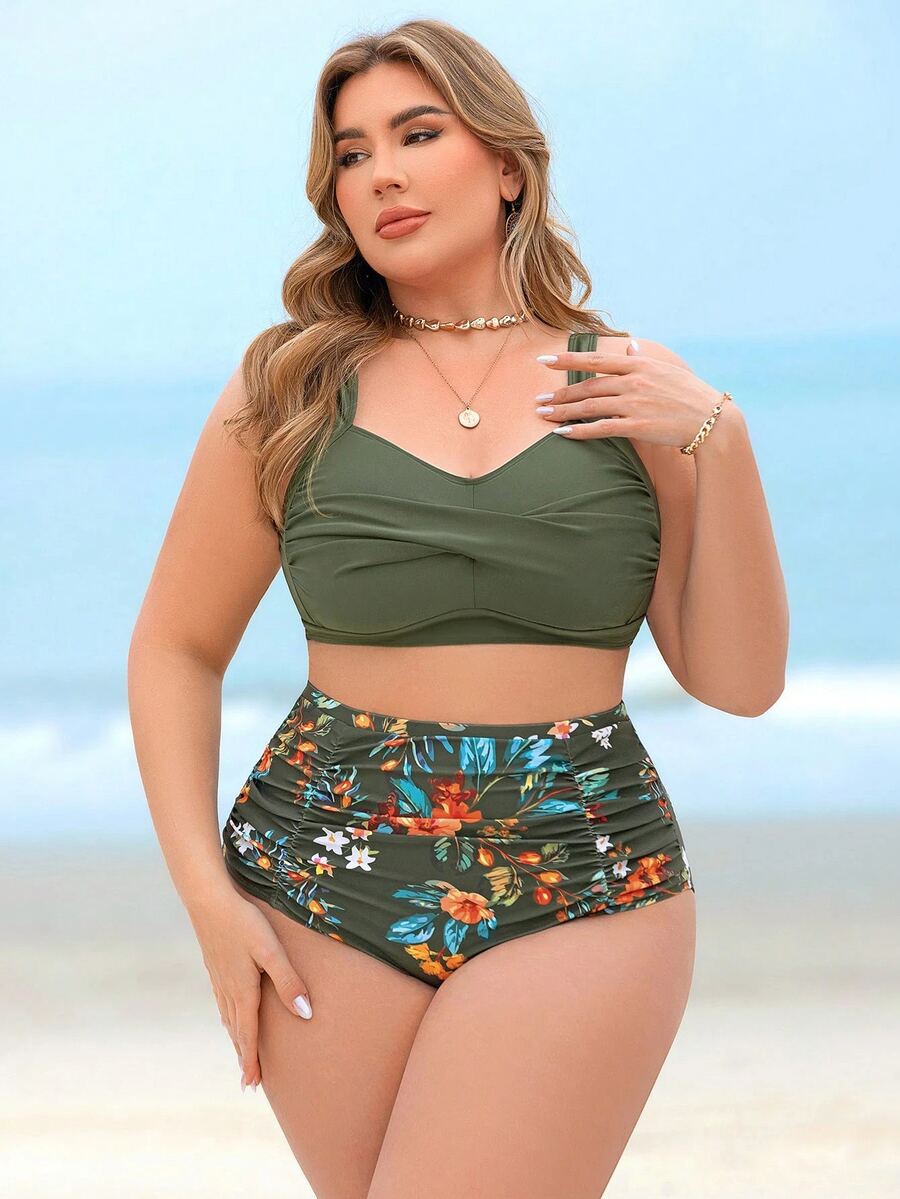 Swim Lushoire Conjunto de traje de baño de 2 piezas con cintura alta, estampado aleatorio y ajuste recogido para mujeres de talla grande, para verano y vacaciones en la playa - Multicolor - Ver 1