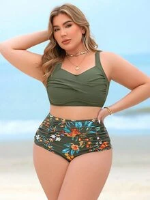 Swim Lushoire 大码女式 2 件套高腰随机印花适度合身聚拢泳衣套装适合夏季海滩度假 - 彩色 - 查看 5