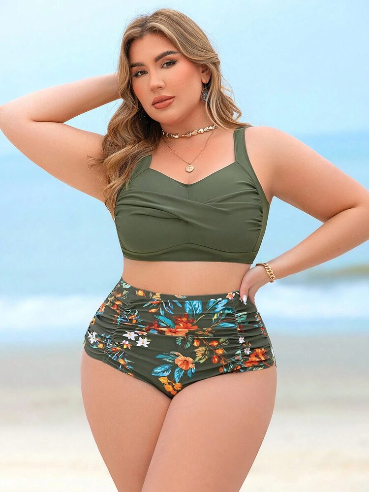 Swim Lushoire Conjunto de traje de baño de 2 piezas con cintura alta, estampado aleatorio y ajuste recogido para mujeres de talla grande, para verano y vacaciones en la playa - Multicolor - Añade 5