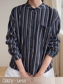 Dazy-Less 女款寬鬆休閒純棉長袖藍色素色領口鈕扣襯衫 秋季 - 藍色 - 查看 5
