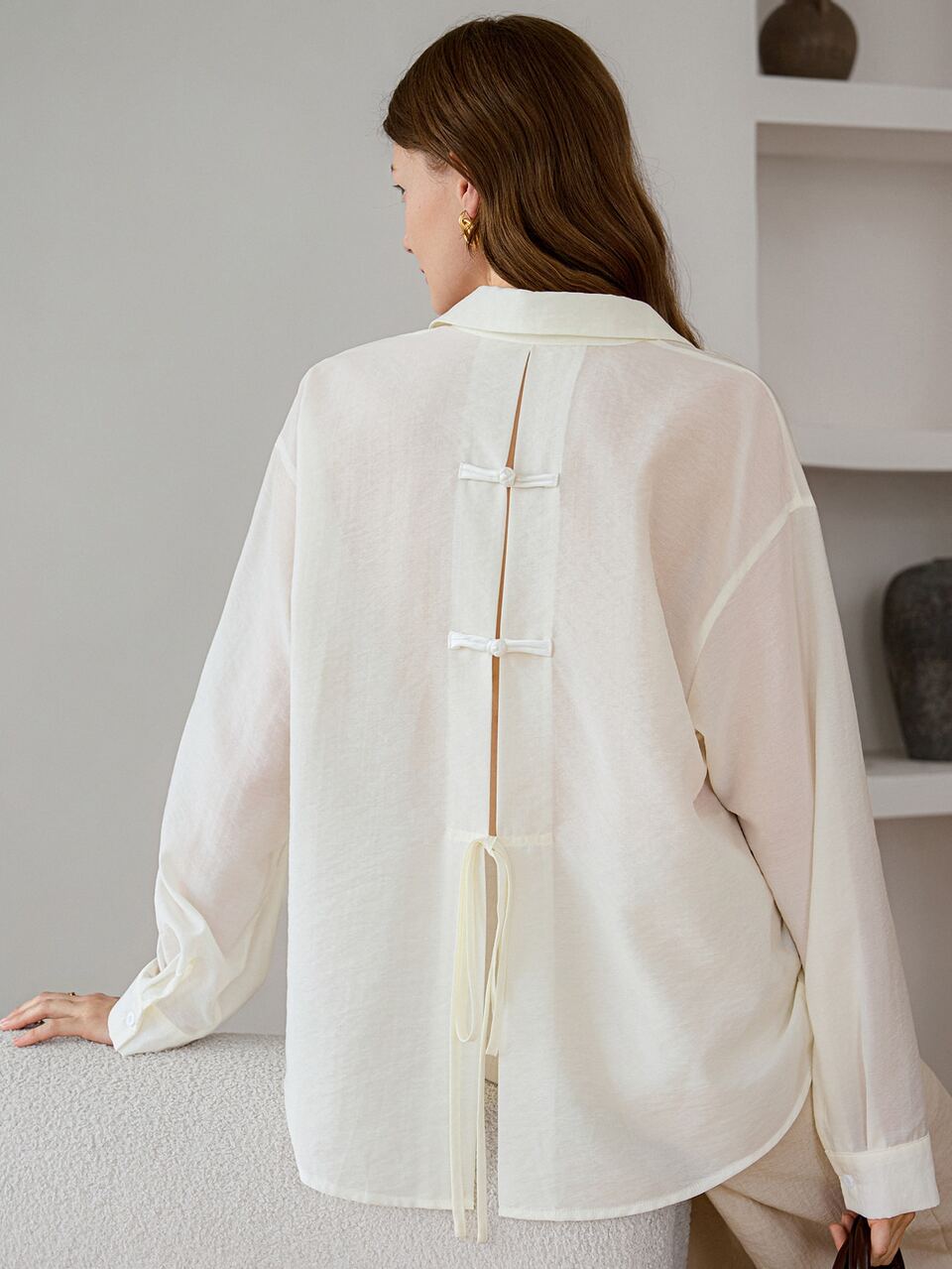 Women's Loose White Solid Color Long Sleeve Button-Up Blouse With Collar And Back Tie, Sheer Fabric Fall Business Casual Woman