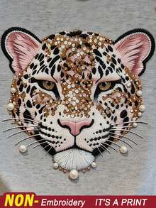 Resyla Women's Round Neck Faux Pearl Decor Animal Pattern Casual Versatile Daily Wear Short Sleeve T-Shirt - Multicolor - View 4