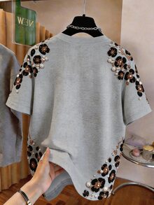 Resyla Women's Round Neck Faux Pearl Decor Animal Pattern Casual Versatile Daily Wear Short Sleeve T-Shirt - Multicolor - View 2
