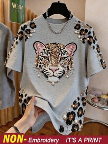 Resyla Women's Round Neck Faux Pearl Decor Animal Pattern Casual Versatile Daily Wear Short Sleeve T-Shirt - Multicolor - View 1