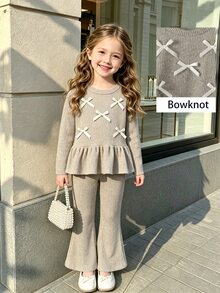 Elladie kids Setelan 2 Potong untuk Anak Perempuan, Musim Semi dan Gugur, Kasual, Bayi, Warna Putih Lembut, Rajutan Bergaris, Atasan Lengan Mengembang dengan Pita 3D dan Hem Berkerut serta Celana Panjang Slim Fit Model Lebar, Ulang Tahun ke-7 - Khaki - View 3