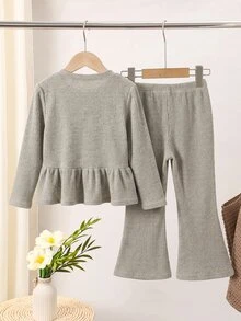 Elladie kids Setelan 2 Potong untuk Anak Perempuan, Musim Semi dan Gugur, Kasual, Bayi, Warna Putih Lembut, Rajutan Bergaris, Atasan Lengan Mengembang dengan Pita 3D dan Hem Berkerut serta Celana Panjang Slim Fit Model Lebar, Ulang Tahun ke-7 - Khaki - View 2