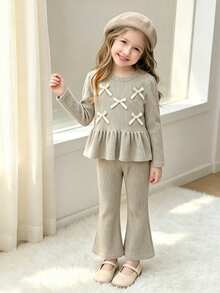 Elladie kids Setelan 2 Potong untuk Anak Perempuan, Musim Semi dan Gugur, Kasual, Bayi, Warna Putih Lembut, Rajutan Bergaris, Atasan Lengan Mengembang dengan Pita 3D dan Hem Berkerut serta Celana Panjang Slim Fit Model Lebar, Ulang Tahun ke-7 - Khaki - View 10