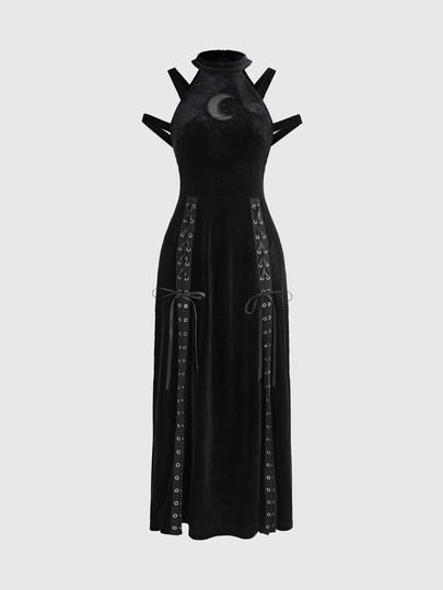 Goth Abito lungo aderente e dritto da donna con spalle scoperte, spacco alto, ricamo Moon Hollow, design con occhielli metallici e lacci, stile gotico scuro per Ognissanti