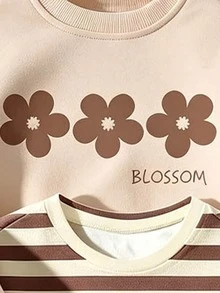 (3套) 秋冬女童幼兒清新花卉棕色、白色、黑色、白條紋圖案圓領運動衫與運動長褲 - 彩色 - 查看 3