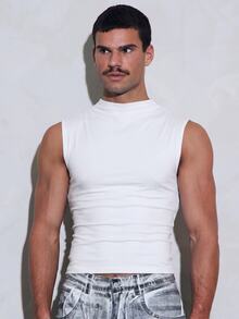 FeverCity Men's Solid Color Pleated Casual Versatile Daily Wear Top - White - View 4
