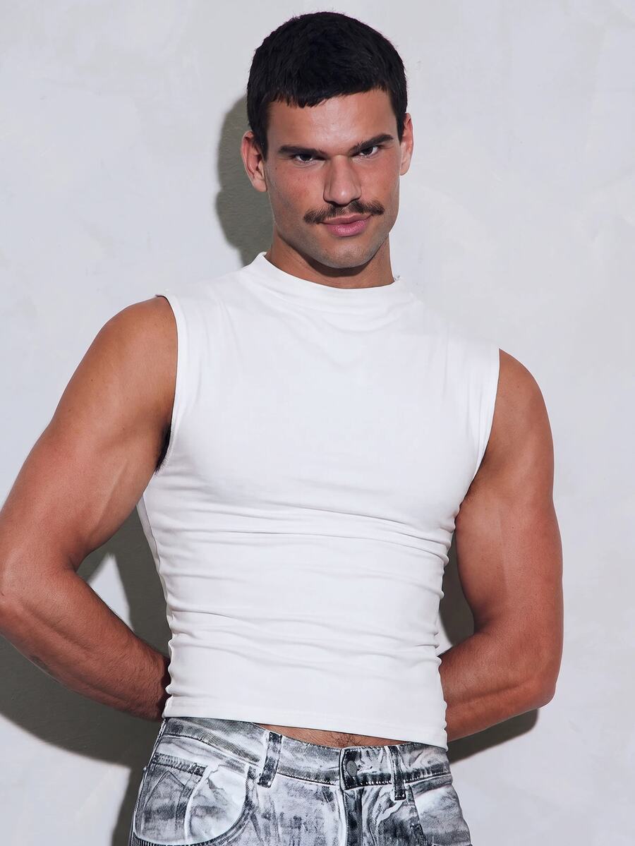 FeverCity Men's Solid Color Pleated Casual Versatile Daily Wear Top - White - View 1
