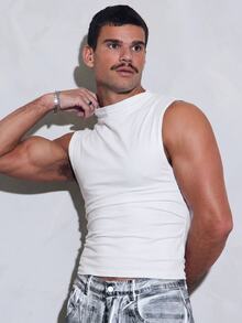 FeverCity Men's Solid Color Pleated Casual Versatile Daily Wear Top - White - View 5