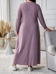Lacomfia Plus Size Dusty Purple Square Neck Henley Button Pocket Long Sleeve Relaxed Midi Dress Curvy Fall Thanksgiving Office Casual Loungewear Gown - Pink - View 2