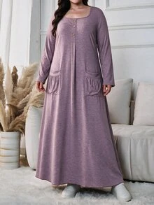 Lacomfia Plus Size Dusty Purple Square Neck Henley Button Pocket Long Sleeve Relaxed Midi Dress Curvy Fall Thanksgiving Office Casual Loungewear Gown - Pink - View 3