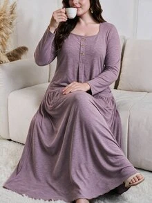 Lacomfia Plus Size Dusty Purple Square Neck Henley Button Pocket Long Sleeve Relaxed Midi Dress Curvy Fall Thanksgiving Office Casual Loungewear Gown - Pink - View 10