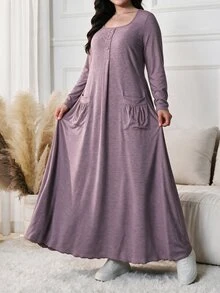 Lacomfia Plus Size Dusty Purple Square Neck Henley Button Pocket Long Sleeve Relaxed Midi Dress Curvy Fall Thanksgiving Office Casual Loungewear Gown - Pink - View 4