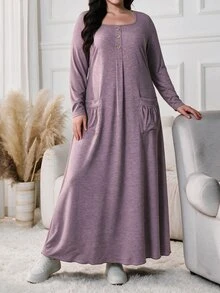 Lacomfia Plus Size Dusty Purple Square Neck Henley Button Pocket Long Sleeve Relaxed Midi Dress Curvy Fall Thanksgiving Office Casual Loungewear Gown - Pink - View 7