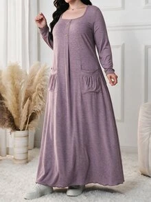 Lacomfia Plus Size Dusty Purple Square Neck Henley Button Pocket Long Sleeve Relaxed Midi Dress Curvy Fall Thanksgiving Office Casual Loungewear Gown - Pink - View 6