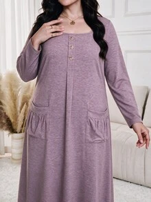 Lacomfia Plus Size Dusty Purple Square Neck Henley Button Pocket Long Sleeve Relaxed Midi Dress Curvy Fall Thanksgiving Office Casual Loungewear Gown - Pink - View 5