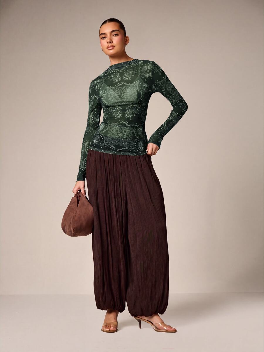 AiiRZ Sheer Mesh Long Sleeve Top With All Over Paisley Bandana Print Crew Neck Form Fitting Layering Top Fall Winter - Green - View 1