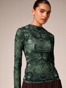AiiRZ Sheer Mesh Long Sleeve Top With All Over Paisley Bandana Print Crew Neck Form Fitting Layering Top Fall Winter - Green - View 4