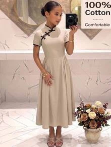 Pitira 青少女風格青蛙兒童鈕扣拼色收腰長洋裝，適合婚禮派對、晚裝穿著 - 杏色 - 查看 1
