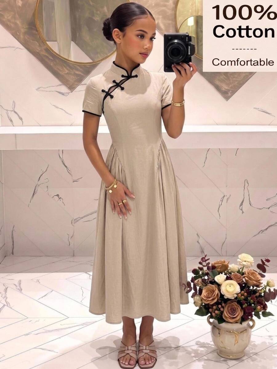 Pitira 青少女風格青蛙兒童鈕扣拼色收腰長洋裝,適合婚禮派對、晚裝穿著 - 杏色 - 查看 1