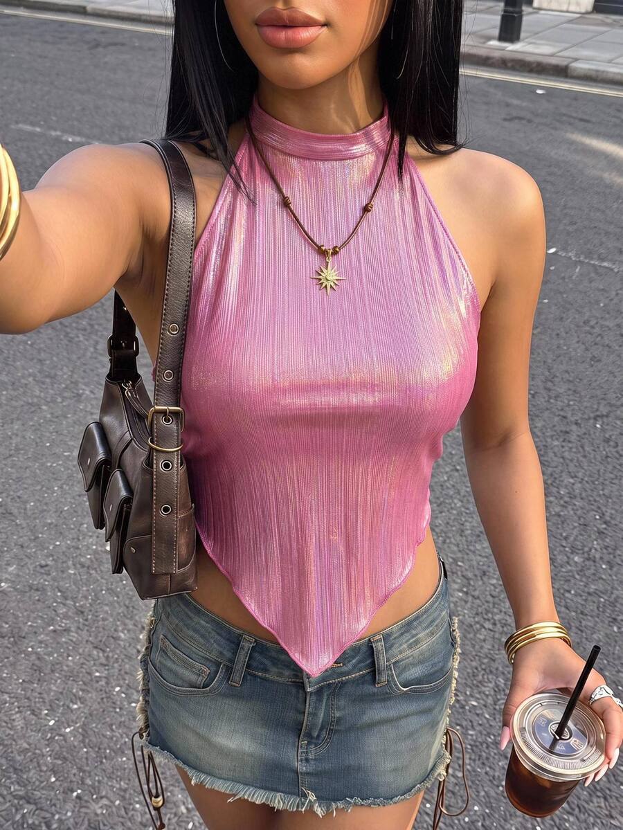 SHEIN ICON Concert Outfits Metallic Bandana Hem Halter Top - Pink - View 1