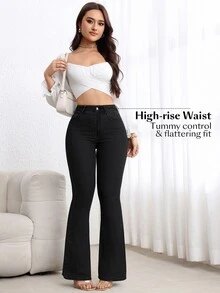 SHEIN PETITE 女款休閒百搭日常牛仔喇叭褲，附口袋與鈕扣設計 - 黑色 - 查看 4