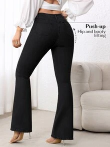 SHEIN PETITE 女款休閒百搭日常牛仔喇叭褲，附口袋與鈕扣設計 - 黑色 - 查看 3