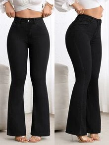 SHEIN PETITE 女款休閒百搭日常牛仔喇叭褲，附口袋與鈕扣設計 - 黑色 - 查看 2