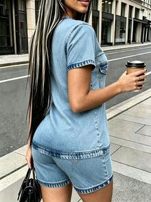Rovax 女款夏季休閒街頭風丹寧效果印花上衣短褲兩件套 旅行藍 - 彩色 - 查看 2