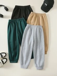 SHEIN 兒童男孩 4件組休閒可愛百搭簡約印花純色慢跑運動長褲 鬆緊腰多件裝 - 彩色 - 查看 2
