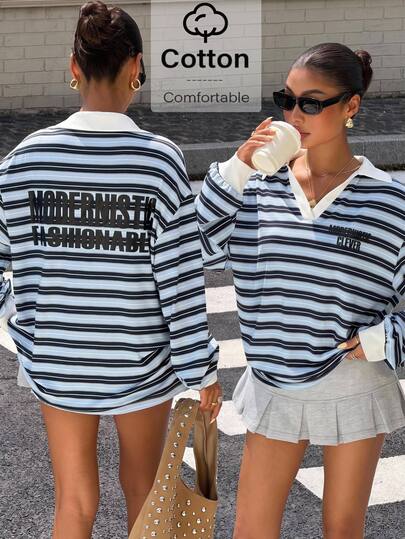 Muchica Blue White Striped Long Sleeve T-Shirt Black Graphic Print, Elegant Casual Summer Fall Winter Vacation Basic Y2K Sports Top For Women