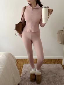 CovetEZ 女款粉色運動三件套，包含全開襟拉鍊短版背心與高腰緊身褲 - 藕粉色 - 查看 5