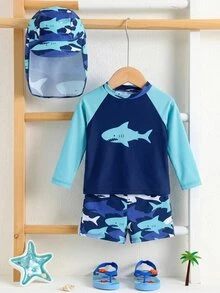 SHEIN Unisex Baby 3pcs/Set Blue Cute Shark Pattern Long Sleeve Rash Guard Swimsuit And Sun Protection Hat Set, Suitable For Beach, Swimming, Vacation Summer - Multicolor - View 7