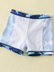 SHEIN Unisex Baby 3pcs/Set Blue Cute Shark Pattern Long Sleeve Rash Guard Swimsuit And Sun Protection Hat Set, Suitable For Beach, Swimming, Vacation Summer - Multicolor - View 6
