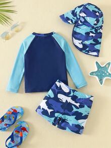 SHEIN Unisex Baby 3pcs/Set Blue Cute Shark Pattern Long Sleeve Rash Guard Swimsuit And Sun Protection Hat Set, Suitable For Beach, Swimming, Vacation Summer - Multicolor - View 2