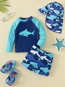 SHEIN Unisex Baby 3pcs/Set Blue Cute Shark Pattern Long Sleeve Rash Guard Swimsuit And Sun Protection Hat Set, Suitable For Beach, Swimming, Vacation Summer - Multicolor - View 8