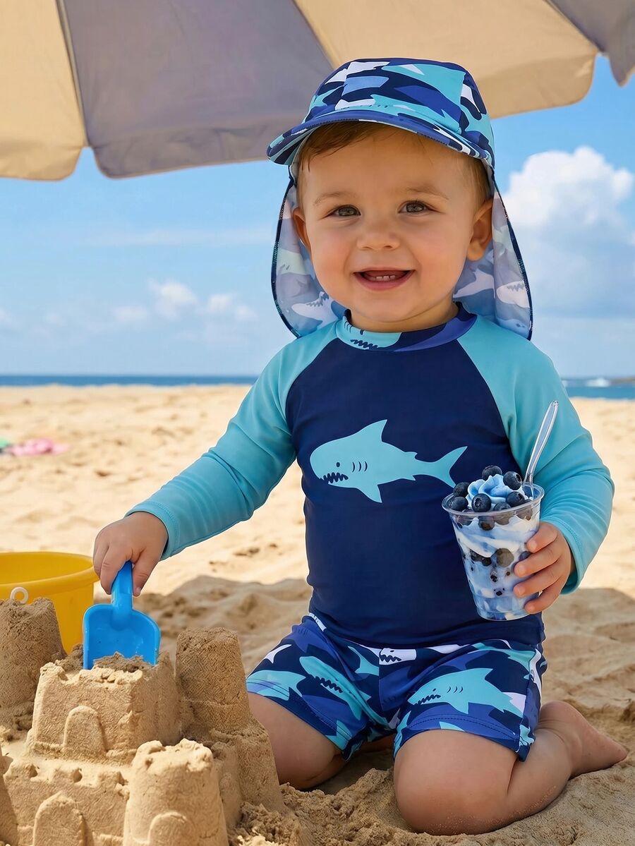 SHEIN Unisex Baby 3pcs/Set Blue Cute Shark Pattern Long Sleeve Rash Guard Swimsuit And Sun Protection Hat Set, Suitable For Beach, Swimming, Vacation Summer - Multicolor - View 1