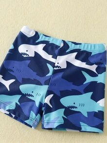 SHEIN Unisex Baby 3pcs/Set Blue Cute Shark Pattern Long Sleeve Rash Guard Swimsuit And Sun Protection Hat Set, Suitable For Beach, Swimming, Vacation Summer - Multicolor - View 3