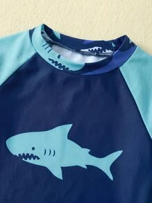 SHEIN Unisex Baby 3pcs/Set Blue Cute Shark Pattern Long Sleeve Rash Guard Swimsuit And Sun Protection Hat Set, Suitable For Beach, Swimming, Vacation Summer - Multicolor - View 5