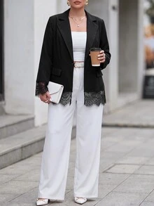 Chikora Plus Size Elegant Commuter Lace Patchwork Blazer - Black - View 6