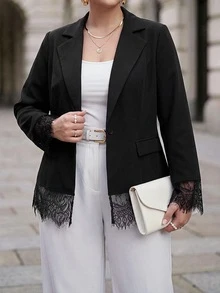 Chikora Plus Size Elegant Commuter Lace Patchwork Blazer - Black - View 4