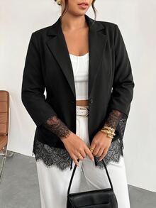 Chikora Plus Size Elegant Commuter Lace Patchwork Blazer - Black - View 8